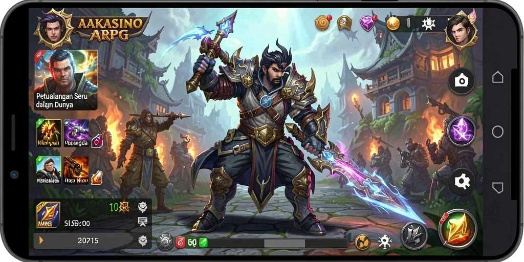 Screenshot gameplay AAKASINO menunjukkan pertarungan seru di dunia fantasi.
