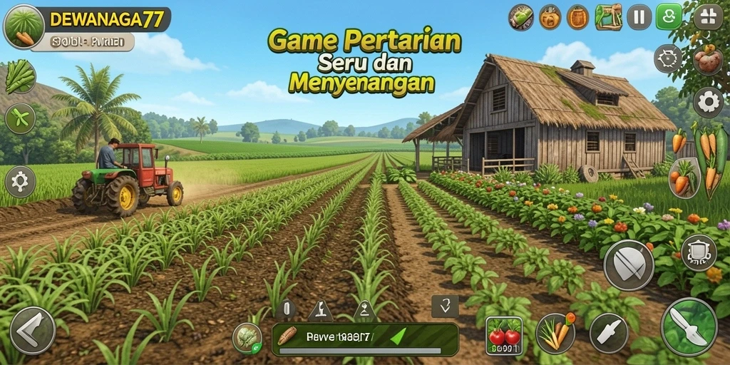 Tampilan gameplay DEWANAGA77 yang menggambarkan suasana pertanian yang ceria.