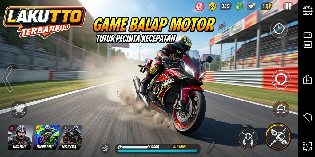 Tampilan gameplay seru LAKUTOTO dengan motor balap yang cepat.