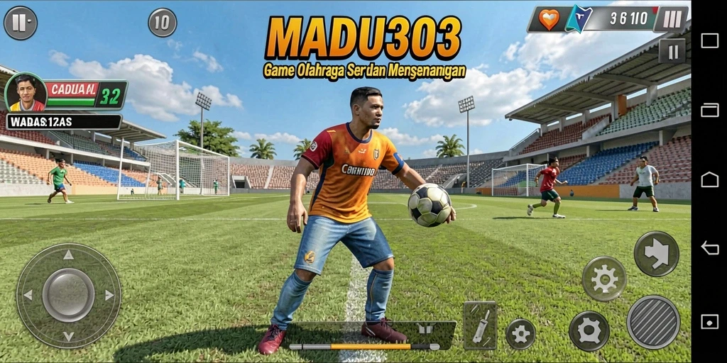 Tangkapan layar gameplay MADU303 menampilkan aksi seru di lapangan olahraga.