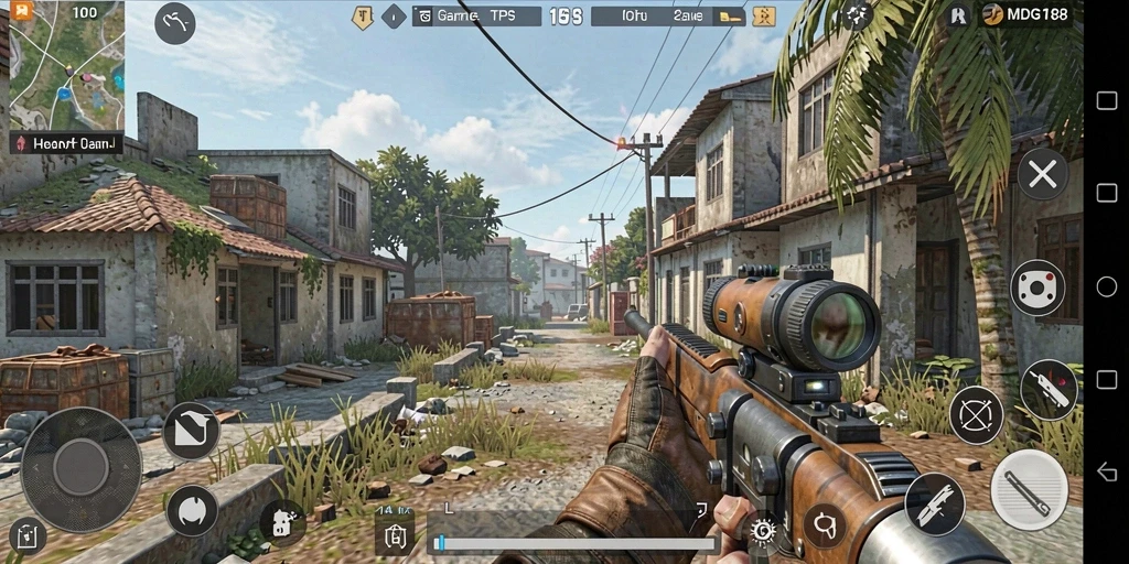 Screenshot gameplay MDG188 yang menegangkan dalam pertempuran TPS.