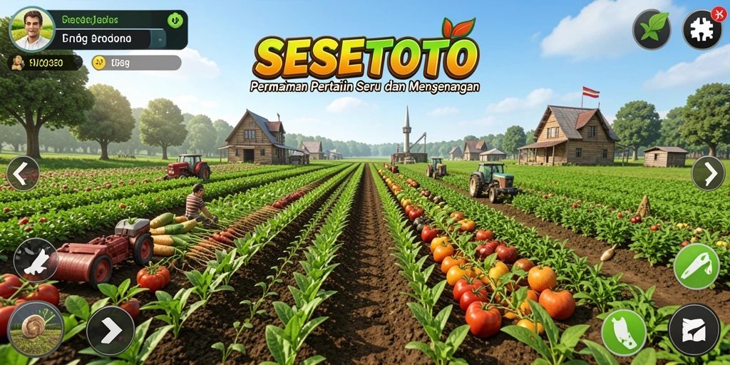 Tampilan gameplay SESETOTO yang menampilkan kebun penuh warna dan aktif.