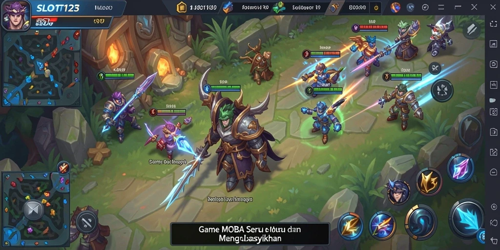 Tampilan aksi seru dalam permainan MOBA SLOT123.