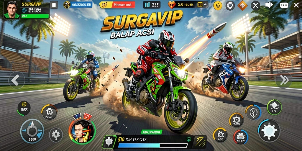 Tampilan gameplay seru dari SURGAVIP dalam balapan motor.